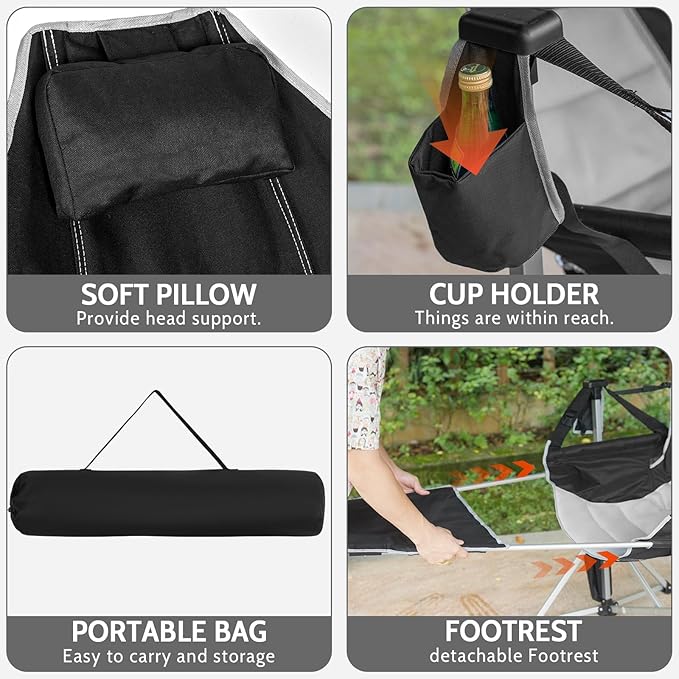 Romswi 2-Pack Aluminum Hammock Chair with Footrest Oversized Portable Folding Swinging Chair with Adjustable Back &amp Seat Lightweight Rocking Camp Chair Supports 440lbs for Outdoor Patio - Black