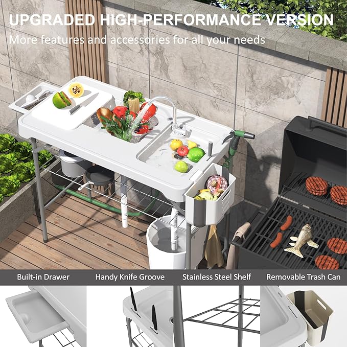 42.5 Fish Cleaning Table with Dual Sink Portable Folding Camping Table with Faucet Sprayer Grid Rack Hose Hook Up &amp Knife Groove Outdoor Sink Station for Picnic Beach Patio