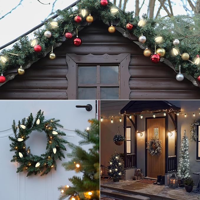 C7 LED Christmas String Lights 25FT Vintage String Lights with 27 Clear LED Bulbs(2 Spare) Hanging Outdoor Lights for Christmas Party Backyard Wedding - Green Wire
