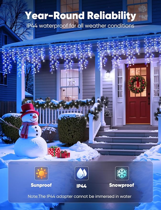 Brightown Cluster Icicle Lights Outdoor Waterproof 33FT 1020 LED Icicle Lights with 51 Drop12 Mode Timer for Christmas Outdoor House Decoration Blue White