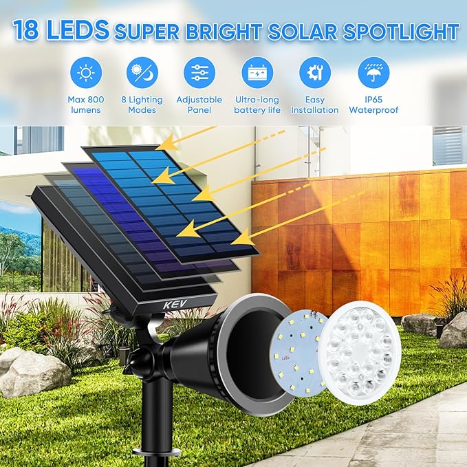 KEV 800 Lumens Solar Spot Lights Outdoor4 Pack 18 LEDs Solar Flood Lights with 2 Modes &ampAdjustable &ampIPX65 WaterproofSolar Spotlight for Driveway/Backyard/Patio Landscape/Tree/Garage(Warm Whi