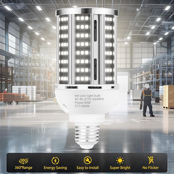 50W 2 Pack LED Corn Light Bulb5000K Daylight 6500LM(500W Equivalent) Commercial GradeE26/E39 Medium Mogul Base LED LampLarge Area Lights for Outdoor Indoor Garage Warehouse Factory Bay Light