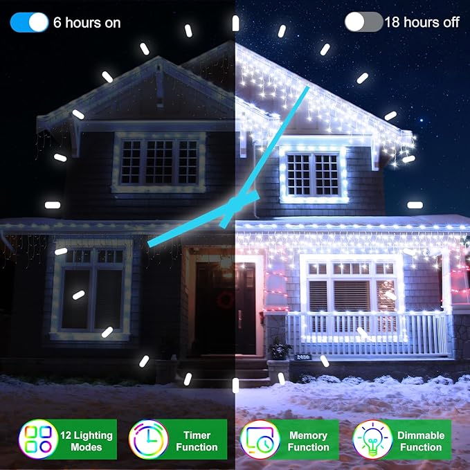 132FT 1332 LED Outdoor Christmas Lights - 296 Ice Drops 12 Pro Modes with Timer Memory &amp Brightness Waterproof Hanging Ice String Light for Holiday Wedding Garden Fence House Decor (Cool White)