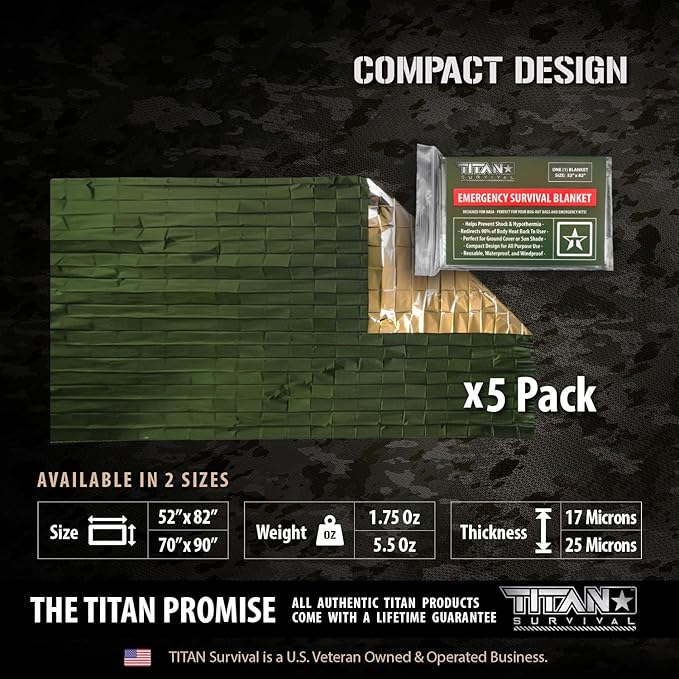 TITAN Survival Premium Mylar Survival Blankets (5 Pack) Thermal Emergency Survival Blanket for Camping Hunting Hiking - 90% Heat Retention &amp Waterproof - Portable Space Blanket w/Size Options