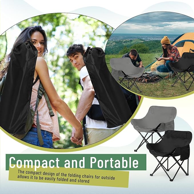 2 Pack Compact Camping Chairs Portable Folding for Outside with Carry Bag Lightweight Moon Chairs for Travel Picnic Hiking Beach Fishing 600D Oxford Supports 330lbs(Grey Black)