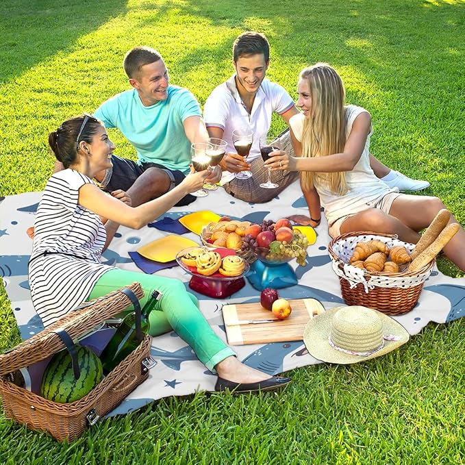 Waterproof Sandproof Beach Blanket 59''×68'' Ocean Sharks Polyester Outdoor Picnic Blanket with 4 Stakes &amp Storage Bag for BeachCampingVacation White