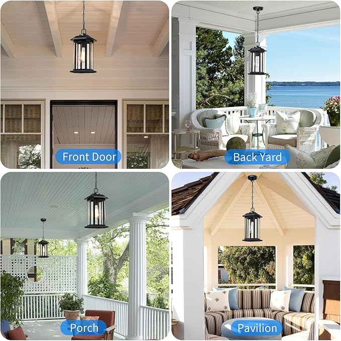 13.4'' Dusk to Dawn Outdoor Pendant Lights for Porch Black Hanging Porch Light with Seeded Glass Waterproof Outdoor Chandelier Farmhouse Ceiling Light Fixture Lanterns 1Pack