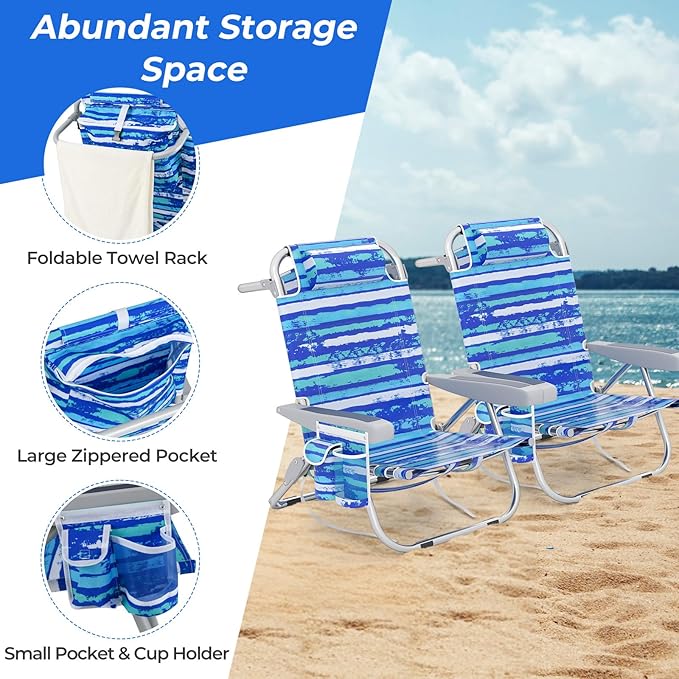 Giantex 2-Pack Backpack Beach Chair - Foldable Camping Chair with 5 Adjustable Position Cup Holder Storage Pockets Straps Towel Rack Pillow Lay Flat Lawn Chair for Patio Outdoor Blue Stripe
