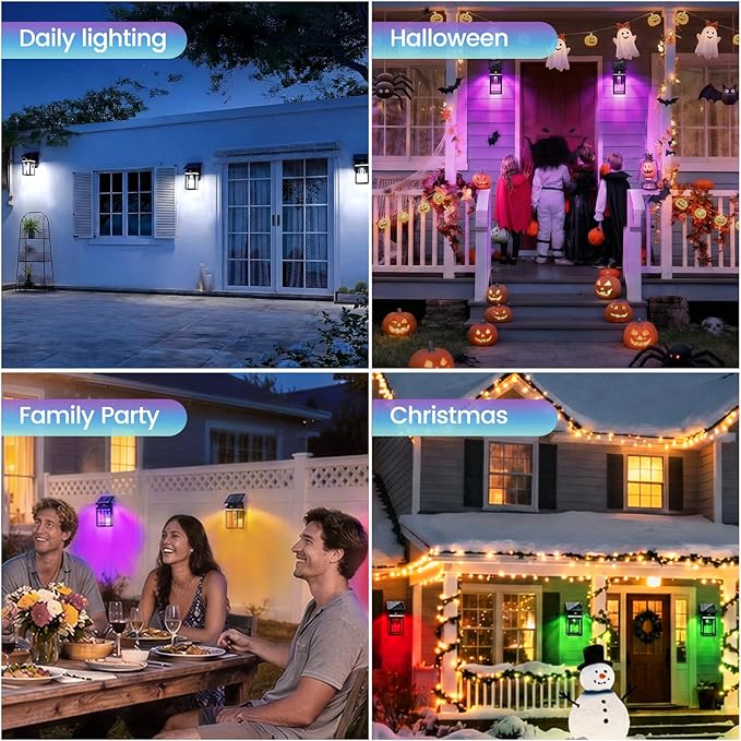 RGB Solar Wall Lights Outdoor Dusk to Dawn &amp Motion Sensor Porch Light with Lantern Shape 10 Modes (RGB Cycle/Fixed) IP65 Waterproof E26 Bulb Exterior Sconce for Front Porch Garage Patio