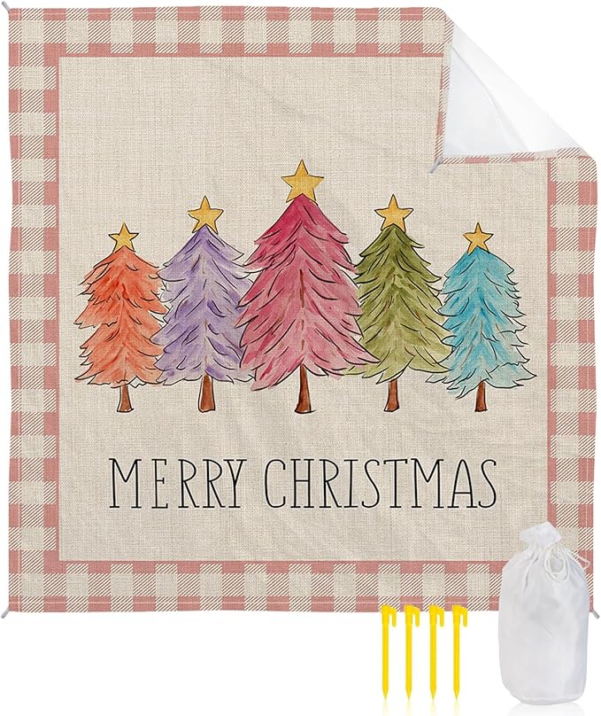 Beach Blanket Waterproof Sandproof OversizedChristmas Colorful Xmas Tree Stars Beach Mat with Corner Stakes Sand PocketsPink Plaid Vintage Linen Outdoor Picnic Mat for Travel Camping 95x80In