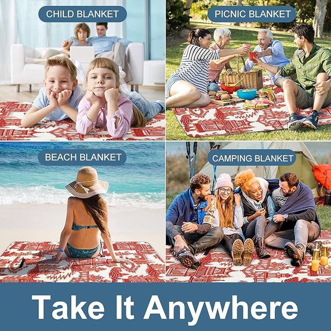 Blue and White Chinese Folk Chinoiserie Style Waterproof Outdoor Picnic Blanket Sandproof Beach Mat for Camping Hiking Grass Travelling