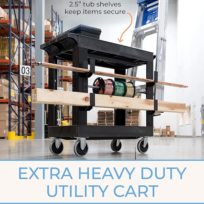 Stand Steady Tubstr 2 Shelf Utility Cart | Heavy Duty Service Cart Holds 400 lbs. | Adjustable Storage Hooks Ladder &amp Spool Holders | Tub Cart for Warehouse Garage School &amp Office (32 x 18i