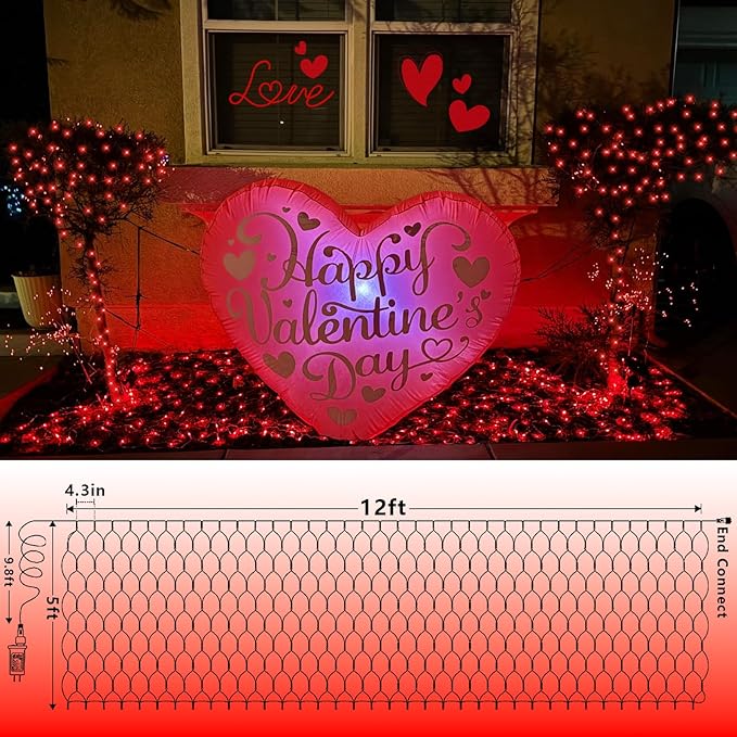 YEGUO Net Lights Outdoor Mesh Lights 12ft x 5ft 360 LED Red Valentine‘s Day Light Outdoor Waterproof 8 Modes Connectable Clear Wire Christmas Bush Light Plug in
