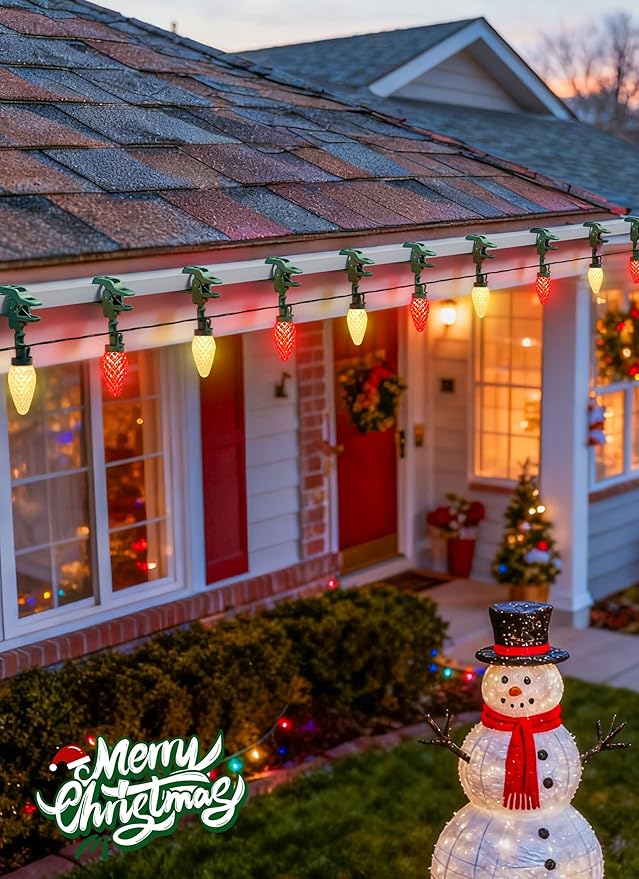 C9 LED Christmas Lights Outdoor 99 Feet 150 LED String with Spring Clips Waterproof Connectable Roofline Patio Home Xmas Decor Red &amp Warm White