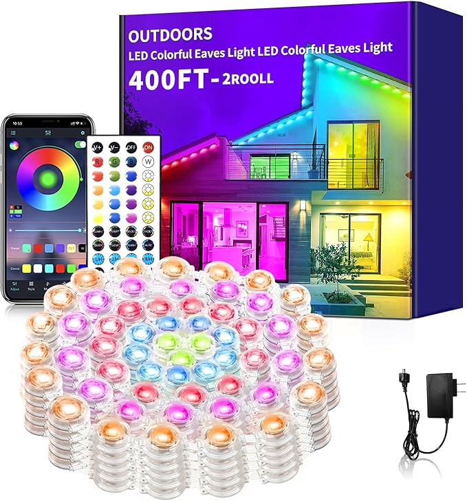 400FT Permanent Outdoor LightsWaterproof Smart LED Eaves LightPermanent Outdoor Light with App/Remote ControlMusic synchronisationfor HouseRoofGardenChristmas Decoration(2 Rolls 200FT)