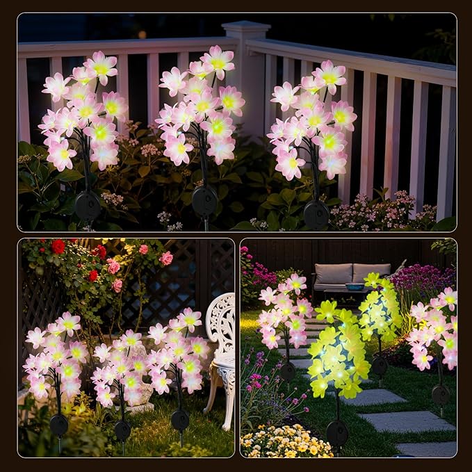 Solar Path Lights Outdoor 4 Pack LED Flower &amp Butterfly Decor Waterproof Auto On/Off Bigger Solar Panel for Yard Patio Garden Walkway Decoration Gift for Mom (Pink)