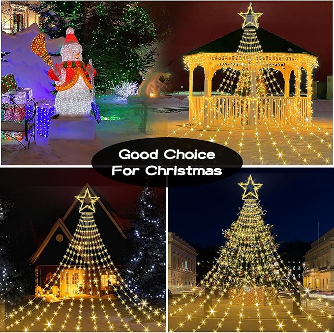Onory Christmas Outdoor Star String Lights 23FT 860 LED Waterproof Waterfall Tree Lights with Star Topper 8 Modes Christmas Decorations Outdoor Tree Lights for Patio Yard Party Holiday Dec