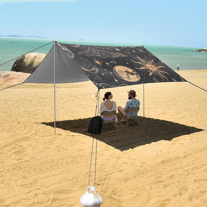 ALAZA Sun Crescent Moon Cloud Beach Tent Sun Shelter UPF50+ Protection Beach Shade Canopy w/ 4 Sandbags for Outdoor Camping Fishing Backyard Fun Picnic 10x9 ft