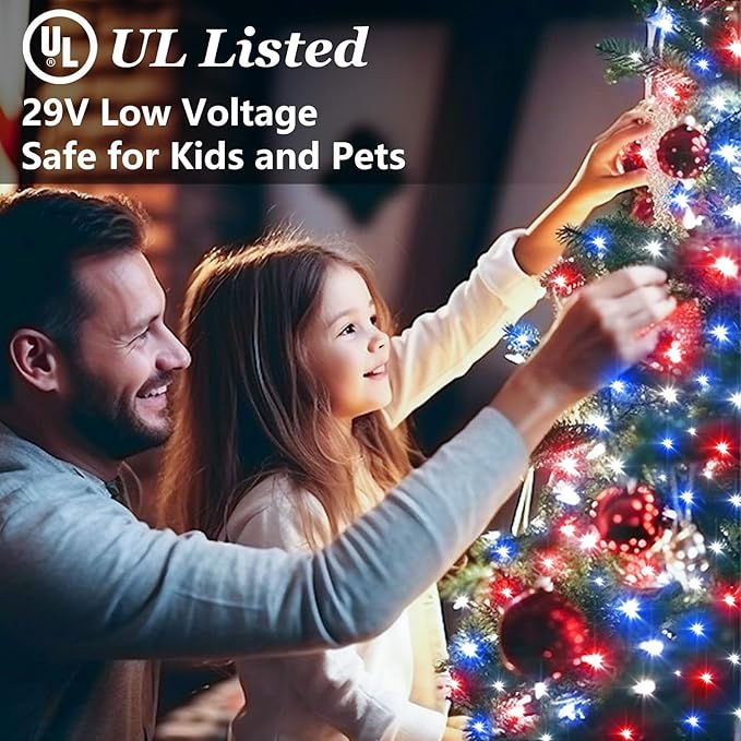 1500 LED 470FT Red White Blue 4th of July Patriotic Decorations String Lights with 12 Modes Timer &amp Dimmable Green Wire for Outdoor Indoor Christmas Holiday Soccer Party Independence Day Deco