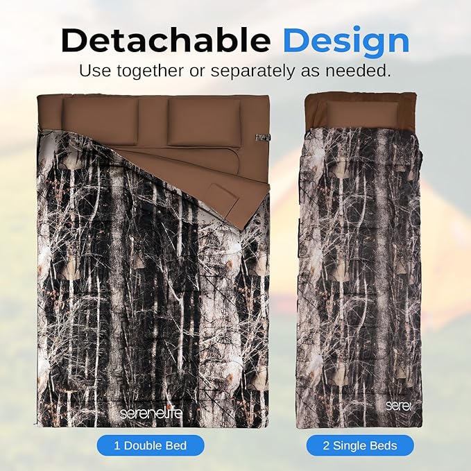 SereneLife Double Sleeping Bag with Pillows Waterproof &amp Detachable for 2 Single Bags Lightweight &amp Warm Perfect for Camping Hiking Backpacking and Cold Weather Suitable for Temperature