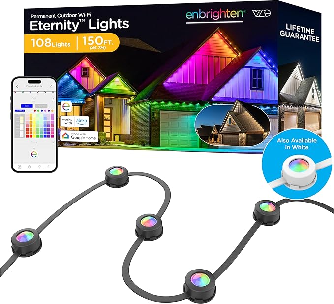 Enbrighten Vibe Eternity Permanent Outdoor Lights for House 150ft 108 RGBWIC LEDs Close Spacing 33lm Color Changing Christmas Eave Lighting Smart App Works with Alexa Google Home 85103