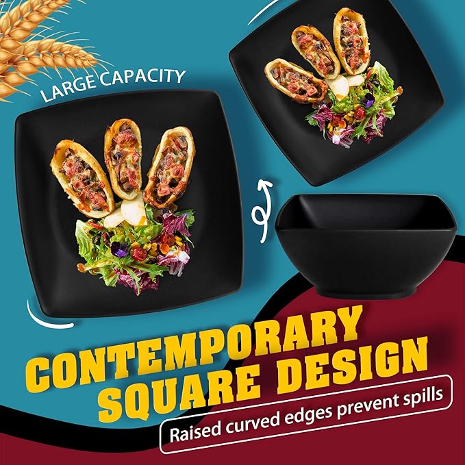 Teivio 16-piece Plastic Wheat Straw Square Dinnerware Set for 4 Unbreakable Dinner Plates Salad Plates Snack Bowls Tumblers 13.5 oz Dishwasher Safe Kitchen Outdoor CampingBlack