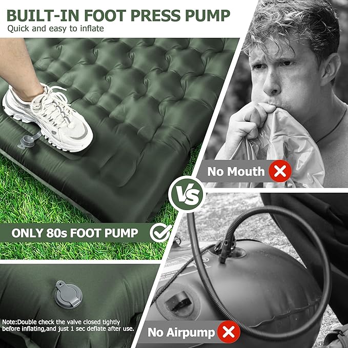 Sleeping Pad 4.7 Extra-Thick &amp Ultralight Inflatable Camping Mat with Pillow Built-in Foot Pump Compact for Backpacking Camping Hiking Travel —Military Green