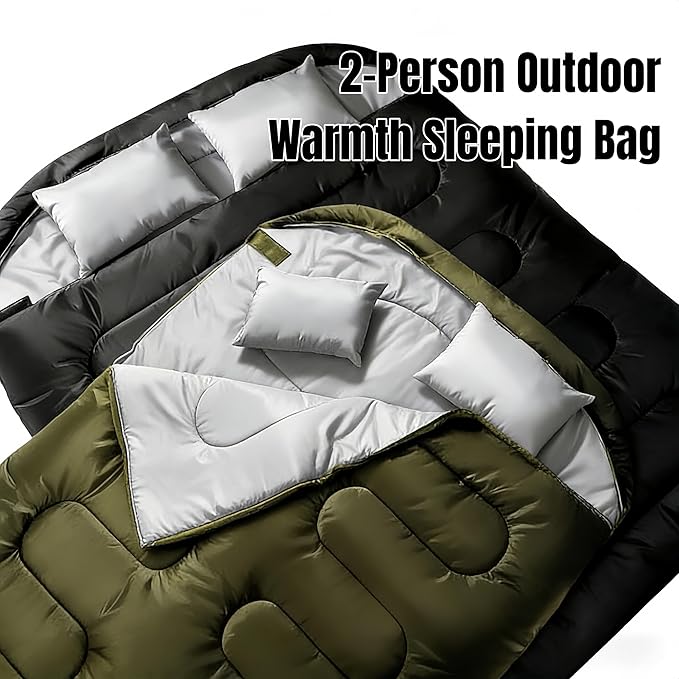 Double Sleeping Bag for 2 Adults Convertible to 2 Single Bags 3-in-1 Waterproof Camping Bag with Pillows Machine Washable 6.6 lbs Lightweight 59x87 Inches