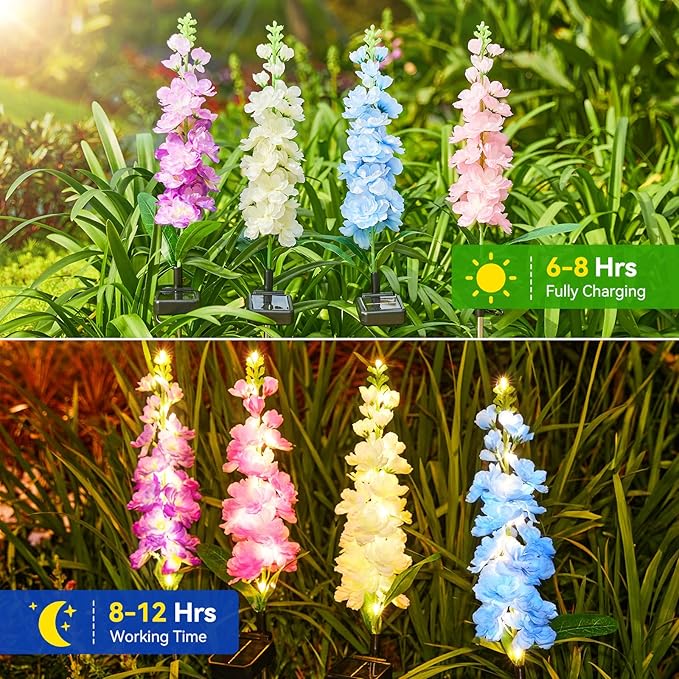 KOOPER Solar Lights Outdoor Garden Decor 8 Pack Upgraded Delphinium Solar Garden Lights with 72 LEDs Vivid Flowers Outdoor Waterproof for Landscape Patio Yard Decor
