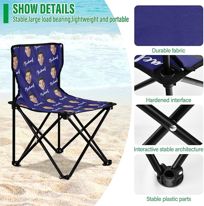 Sinestour Midnightblue Custom Photo Folding Camping Chair for Teen Child Personalized Name 14.6×14.6in Portable Outdoor Chair with Carry Bag for Travel Barbeques Picnic