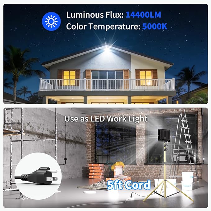 120W Flood Lights Outdoor 14400LM Brighter LED Security Light with Plug IP66 Waterproof 5000K Daylight Floodlight for Yard Garage Stadium 2 Pack