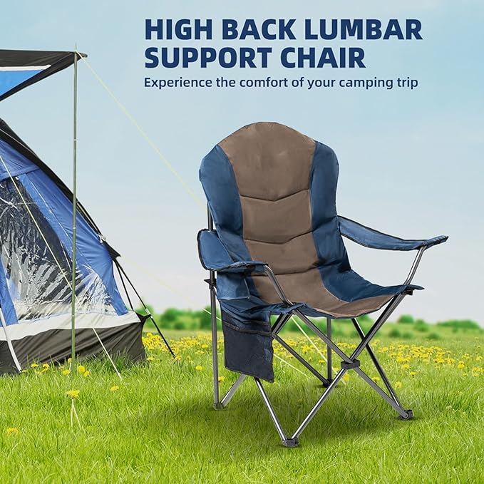 2 Pack Folding Camping Chairs for Adults - High Back Padded Outdoor Lawn Chairs with Lumbar Support &amp Cup Holder 400lbs Heavy Duty Portable Camping Chairs Set (Blue &amp Brown 2 PCS)