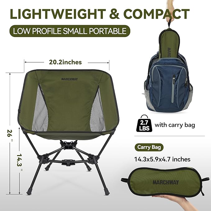MARCHWAY Lightweight Folding Camping Chair Portable Foldable Compact for Outdoor Camp Travel Beach Picnic Festival Hiking Backpacking Supports 330Lbs (Green)