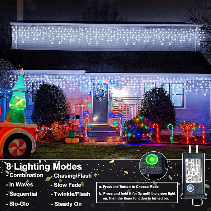 Icicle Lights for Outside 33FT 400 LED Icicle Christmas Lights Outdoor with 8 Modes 75 Drops Waterproof Plug in Curtain String Lights for Indoor House Yard Wedding Xmas Holiday Decorations White