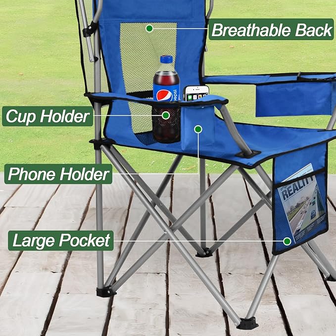 ptlsy Beach Chair with Canopy Shade Folding Camping Chair for Adults with Cup Holders Cooler Bag for Camping Fishing Beach Sports and Concert (Blue)