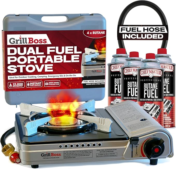 Grill Boss Dual Fuel Camp Stove w/ 4x 8oz Butane Canisters - 12000 BTU Butane &amp Propane Portable Stove for Camping Emergencies BBQ Hiking &amp Backpacking - Double Wind Guard Piezo Ignition