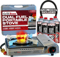 Grill Boss Dual Fuel Camp Stove w/ 4x 8oz Butane Canisters - 12000 BTU Butane &amp Propane Portable Stove for Camping Emergencies BBQ Hiking &amp Backpacking - Double Wind Guard Piezo Ignition