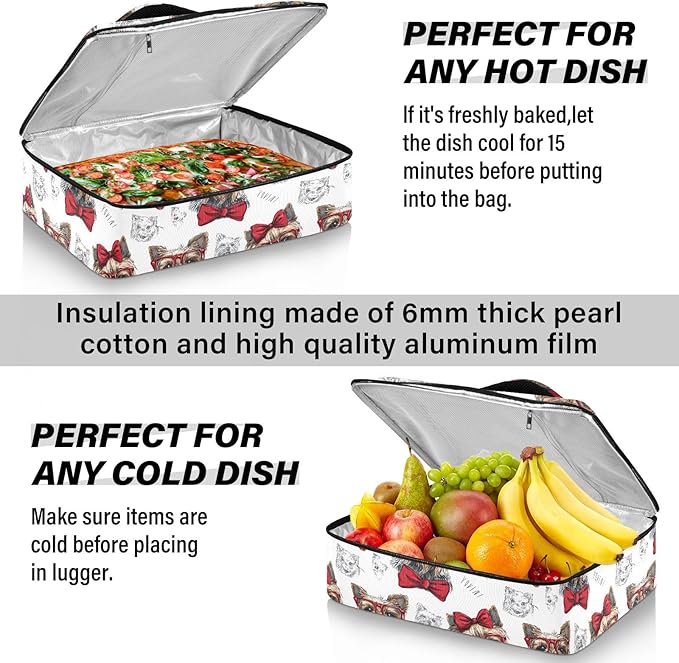 Casserole Carrier Red Glasses and Bow DogInsulated Casserole Carrier for Hot or Cold Food Thermal Lunch Tote for Potluck Parties Picnic Beach Fits 9 x 13 Inches Baking Dish