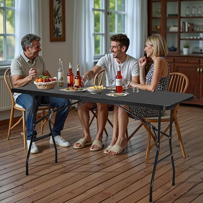 VEVOR Folding Table Heavy Duty Portable Fold-in-Half Utility Table Indoor Outdoor Plastic Rectangle Table with Built in Handle for Party Dining Wedding Events Picnic Camping 6 ft Black