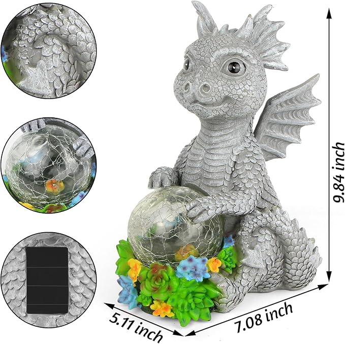 Solar Garden Outdoor Statues Dragon Holding Magic Orb with Solar LED Lights - Lawn Decor Outdoor Statue for Patio Balcony Yard OrnamentUnique Gifts for Mom Grandma