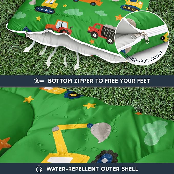 Wake In Cloud - Construction Car Kids Sleeping Bag for Boys Toddlers Camping in Warm Cold Weather Backpacking Lightweight Compact Outdoor Liner for 3 Seasons Summer Spring Fall