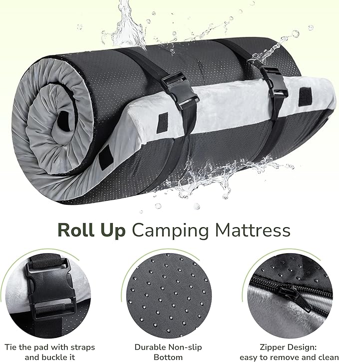 Memory Foam Camping Mattress 2.5 inch Kids Portable Roll Up Camping Sleep Topper with Waterproof and Non-Slip Bottom Camping Car Mat with Travel Bag 63×26×2.5 Grey