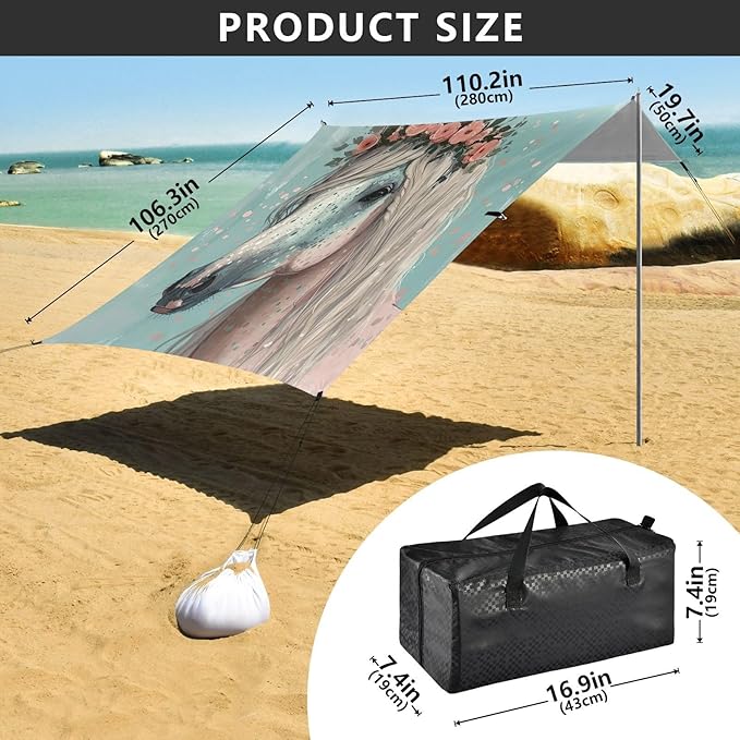Grey Horse with Floral Beach Tent Sun Shelter 9.2' x 10.5' Beach Canopy with 4 Sandbags 4 Stability Poles Sand Shovels - Tent Canopy for Beach Camping Fishing Picnics