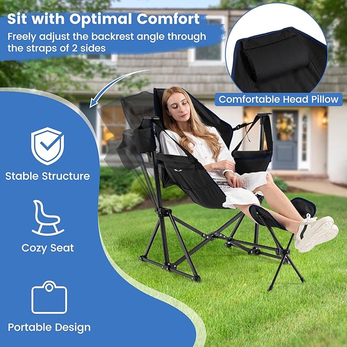 KOTEK Hammock Chair Portable Camping Chair with Retractable Footrest Adjustable Backrest Headrest Cup Holder &amp Carry Bag Folding Rocking Chair for Outdoor Lawn Patio Travel Picnic Fishing (Bl