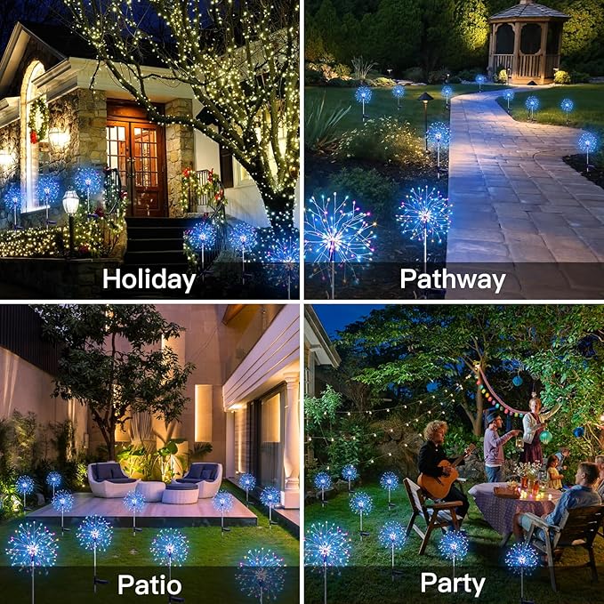 suddus Solar Garden Lights Outdoor Waterproof Decorative 2Pack 150LED Firework Lights 8 Modes Multicolor Solar Fairy Light for Yard Patio Pathway Flowerbed Party Wedding Decor