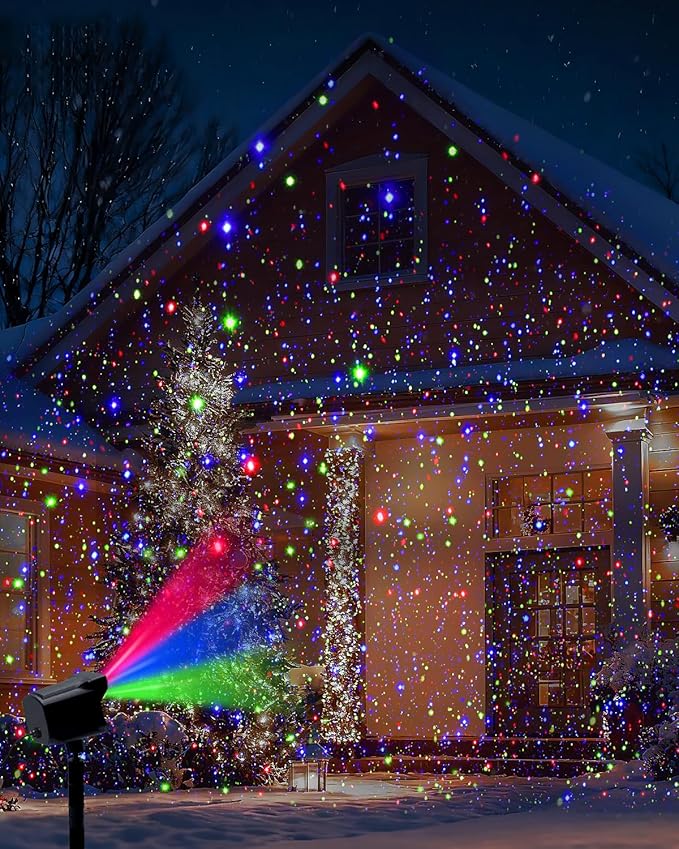 Christmas Projector Lights Outdoor Thick Metal Housing Laser Light Projector RGB 3 Colors Christmas Decorations Twinkles Moving Light Show Holiday Projector for House/Garden/Party/Wedding