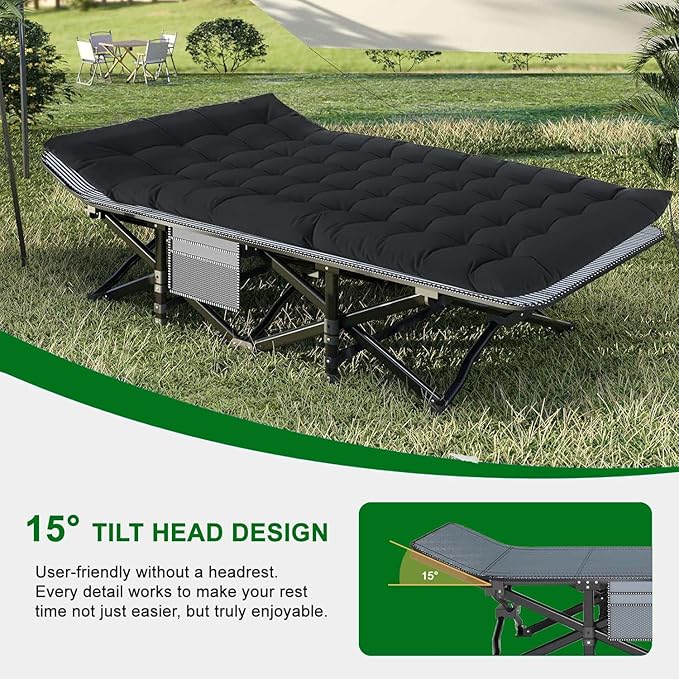 Camping Cot Extra Wide with Thick Mattress Folding Oversized XL 75 L x 28 W x 15 H Heavy Duty Sleeping Bed for Adult