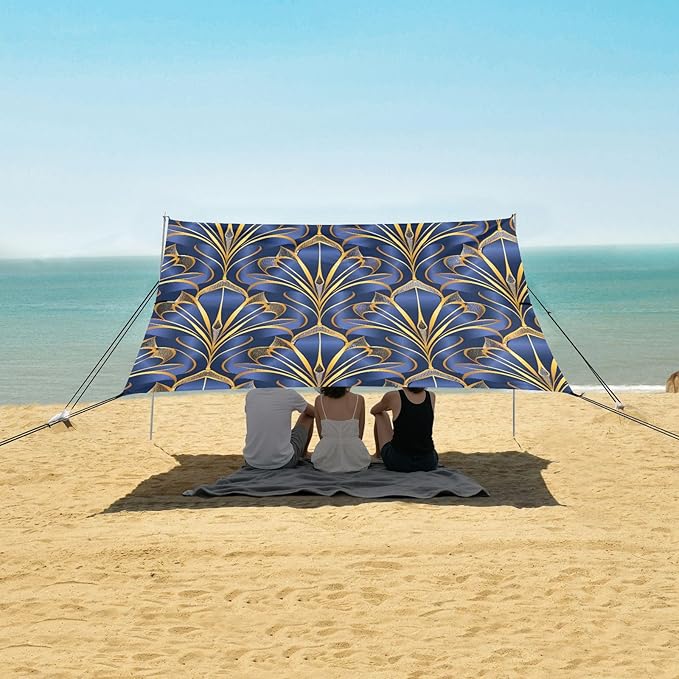 ALAZA Royal Blue &amp Golden Art Deco Floral Beach Tent Sun Shelter UPF50+ Protection Beach Shade Canopy w/ 4 Sandbags for Outdoor Camping Fishing Backyard Fun Picnic 10x9 ft