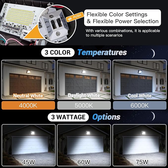 JTT LED Wall Pack Lights Outdoor with Dusk to Dawn Photocell Selectable 75W/60W/45W 9750LM/7800LM/5850LM 6000K/5000K/4000KWaterproof Flood Security Wall Pack Lighting for Garage Yard Parking Lot