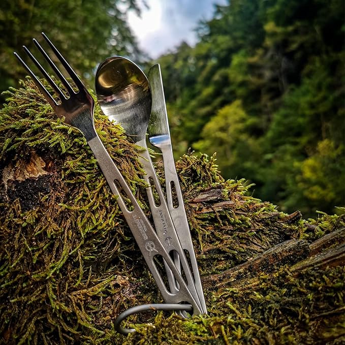 SILVERANT Titanium Camping Flatware Titanium Spork Spoon Chopsticks Knife Straw Cutlery Set PortableTableware for Lunch Box Outdoor &amp Hiking Comes with Drawstring Bag &amp Carabiner- Polished